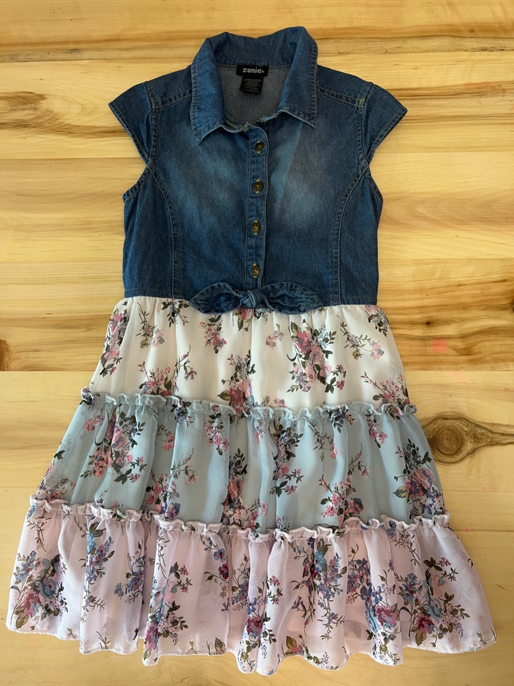 Zunie Denim Bodice Floral Tiered Dress - Blue, Pink, Cream
